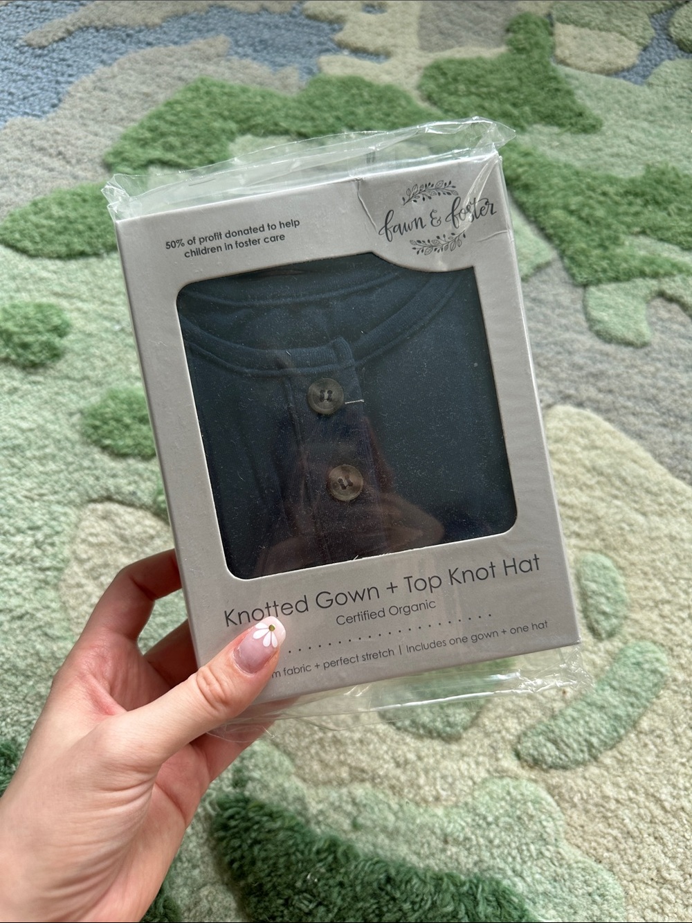 NWT! Organic Cotton Fawn & Foster Knotted Gown + Top Knot Hat — Navy — Newborn+